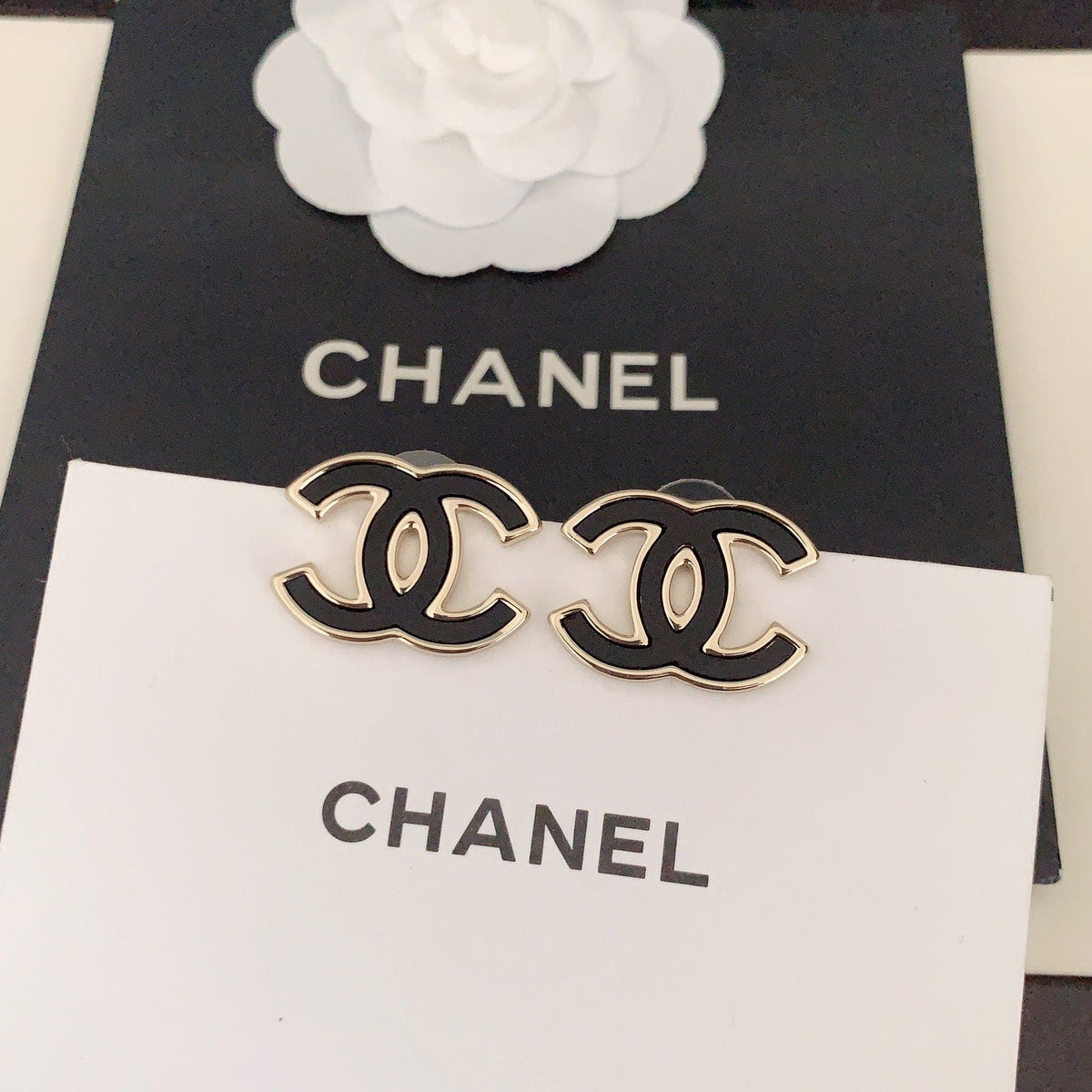 18K CC Black Earrings