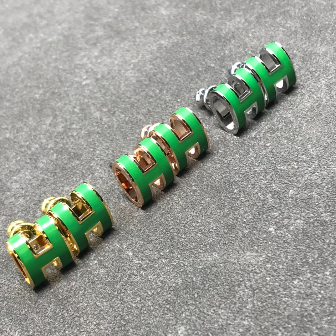 18K Mini Pop H Green Earrings