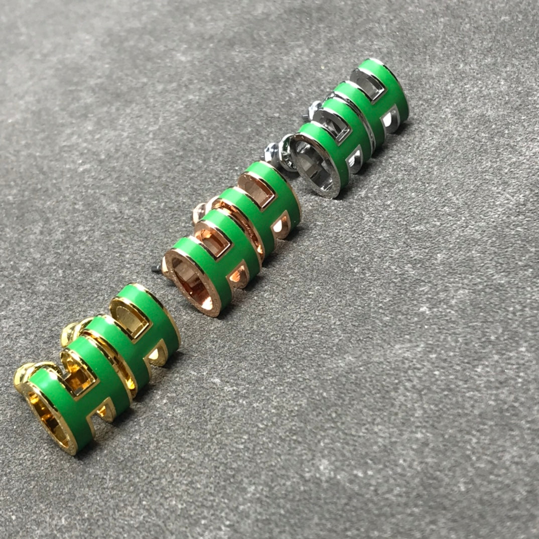 18K Mini Pop H Green Earrings