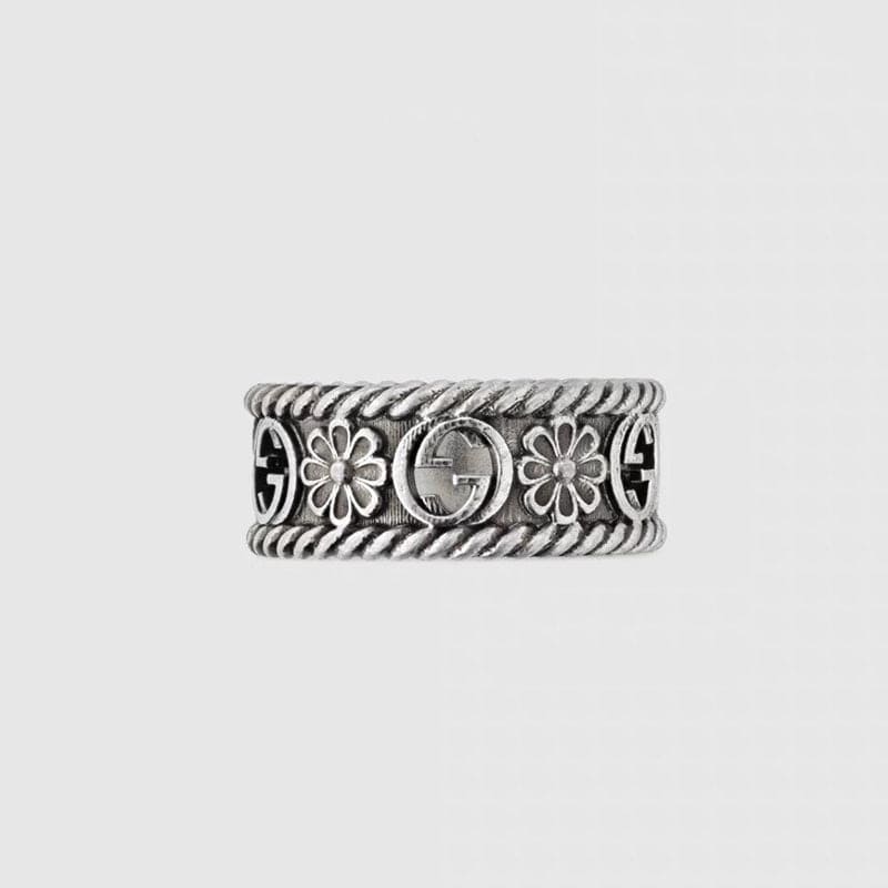 GG Aged Sterling Silver Interlocking G Flower Ring