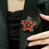 18K CC Black & Red Star Leather Brooch