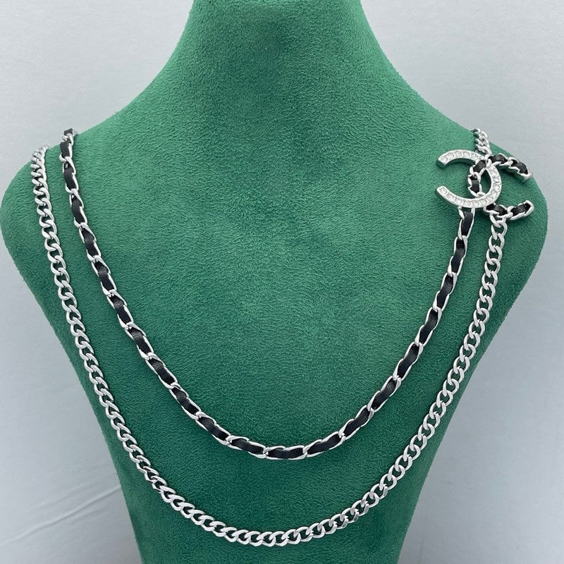18K CC Black Leather Chain Necklace