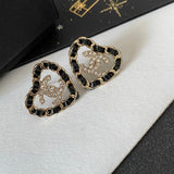 18K CC Black Leather Heart Gold Earrings