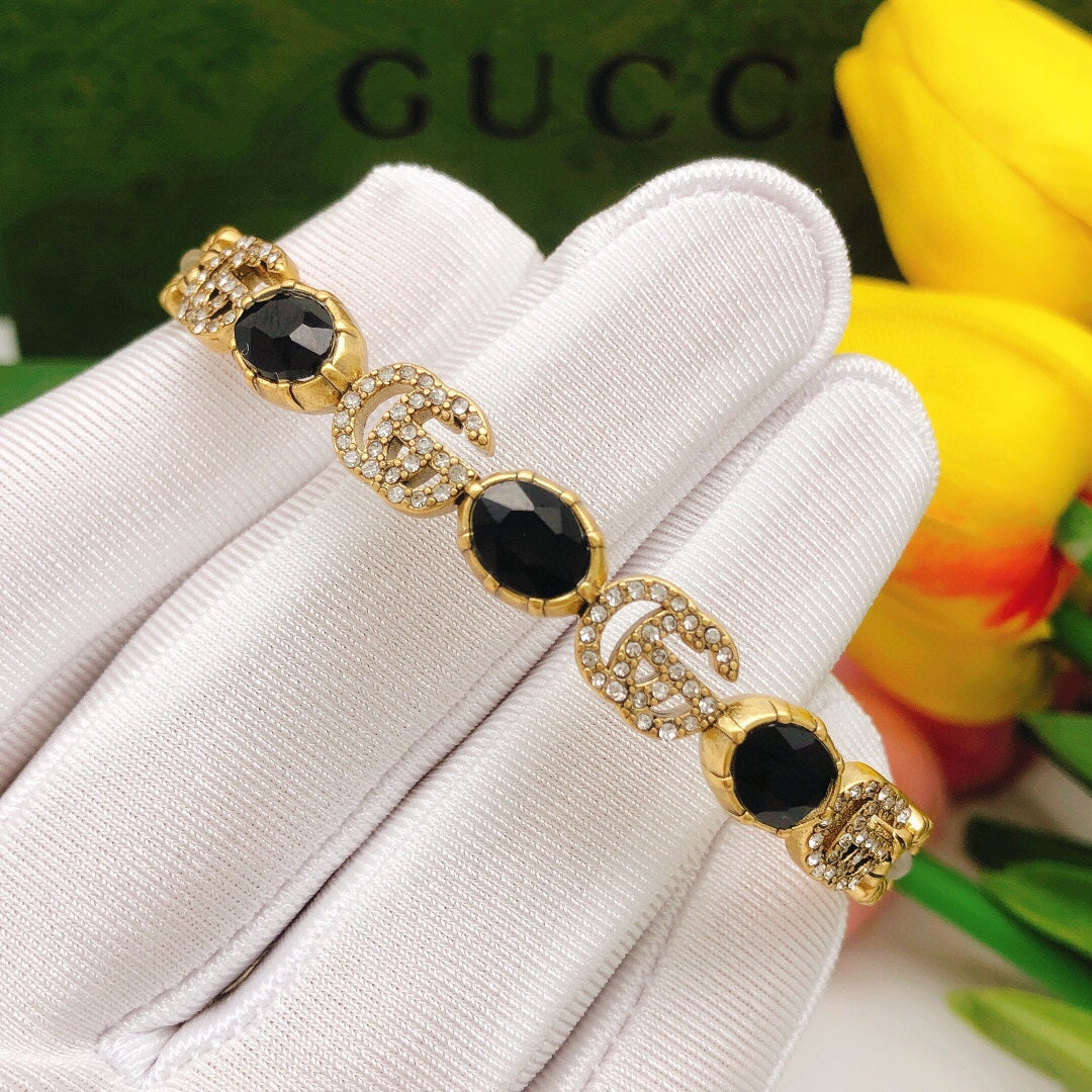 18K GG Flowers Black Crystals Open Cuff Bracelet