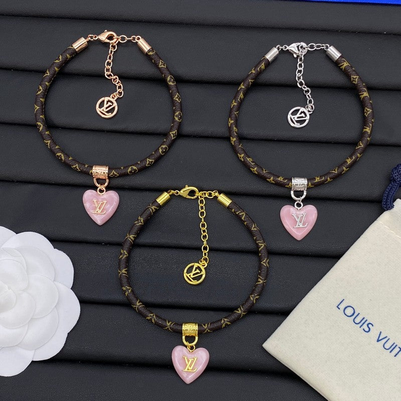 18K Louis Leather Pink Heart Bracelet