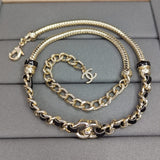 18K CC Black Leather Gold Chain Necklace