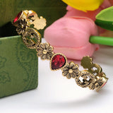 18K GG Flowers Red Crystals Open Cuff Bracelet