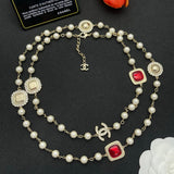 18K CC Red Crystal Pearl Long Necklace