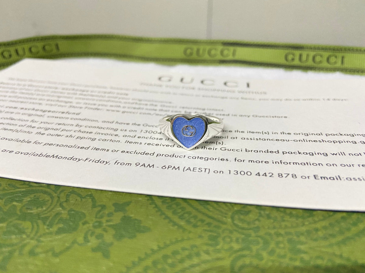 GG Interlocking G Blue Enamel Heart Ring
