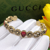 18K GG Flowers Red Crystals Open Cuff Bracelet