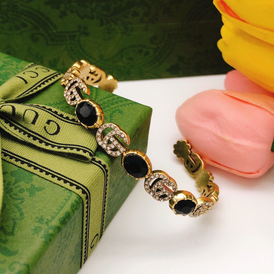 18K GG Flowers Black Crystals Open Cuff Bracelet