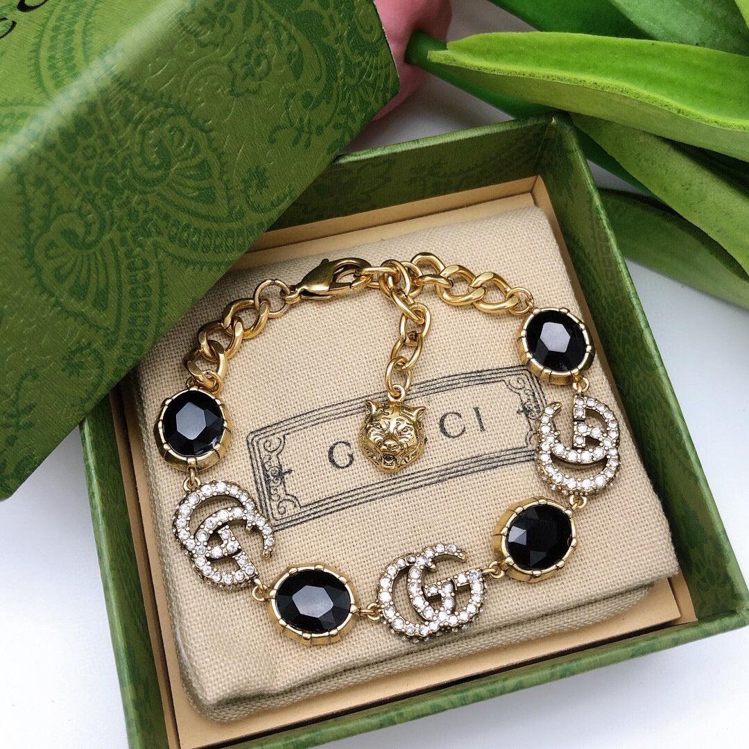 18K GG Black Stones Chain Bracelet