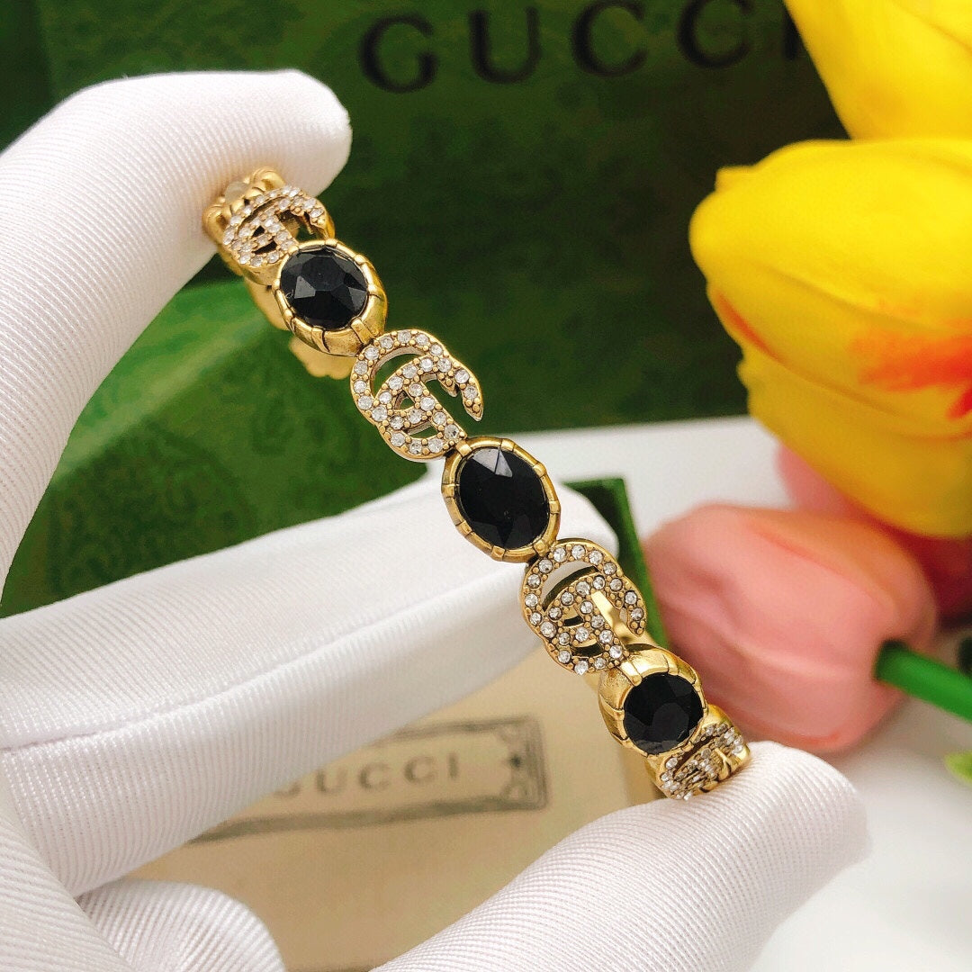 18K GG Flowers Black Crystals Open Cuff Bracelet