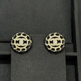 18K CC Black Leather Round Earrings