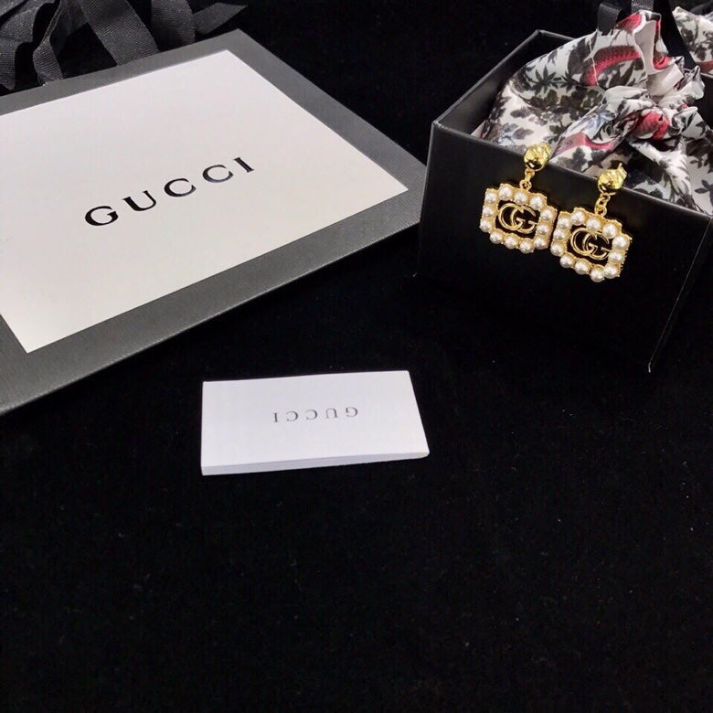 18K GG Square Pearl Earrings