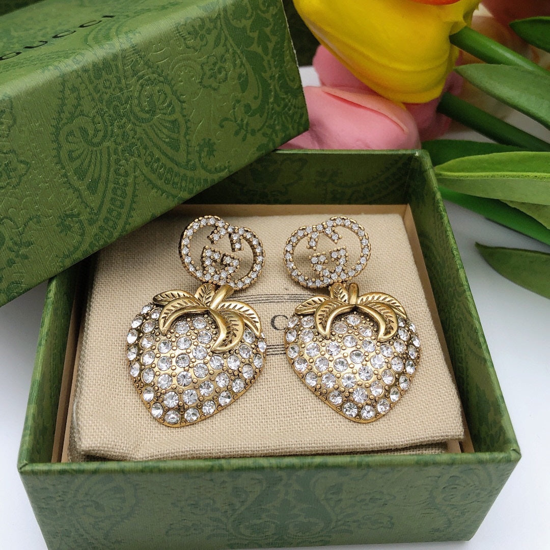 18K GG Crystal Strawberry Pendant Earrings