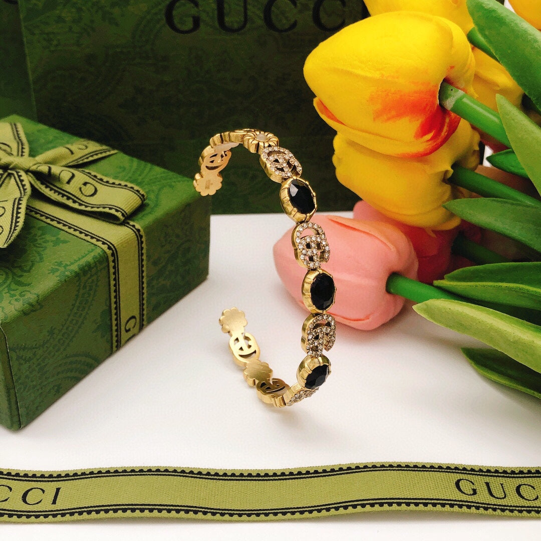 18K GG Flowers Black Crystals Open Cuff Bracelet