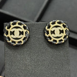 18K CC Black Leather Round Earrings