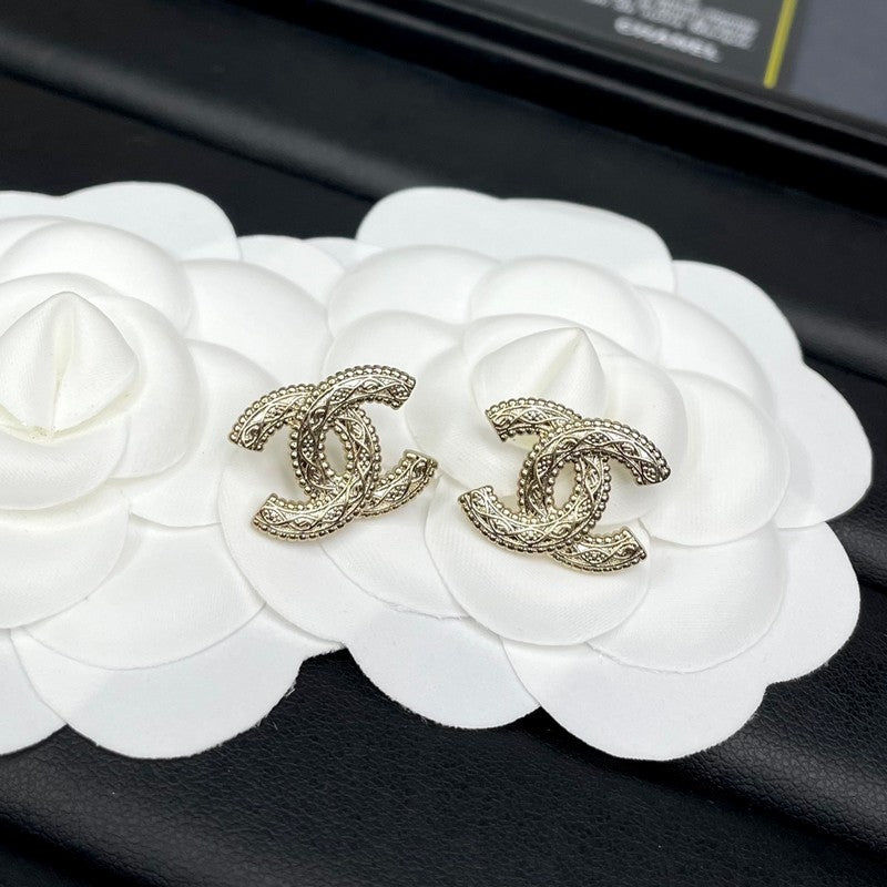 18K CC Relief Gold Earrings