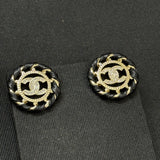 18K CC Black Leather Round Earrings