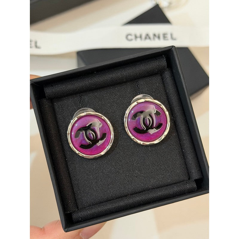 18K CC White & Purple Round Earrings
