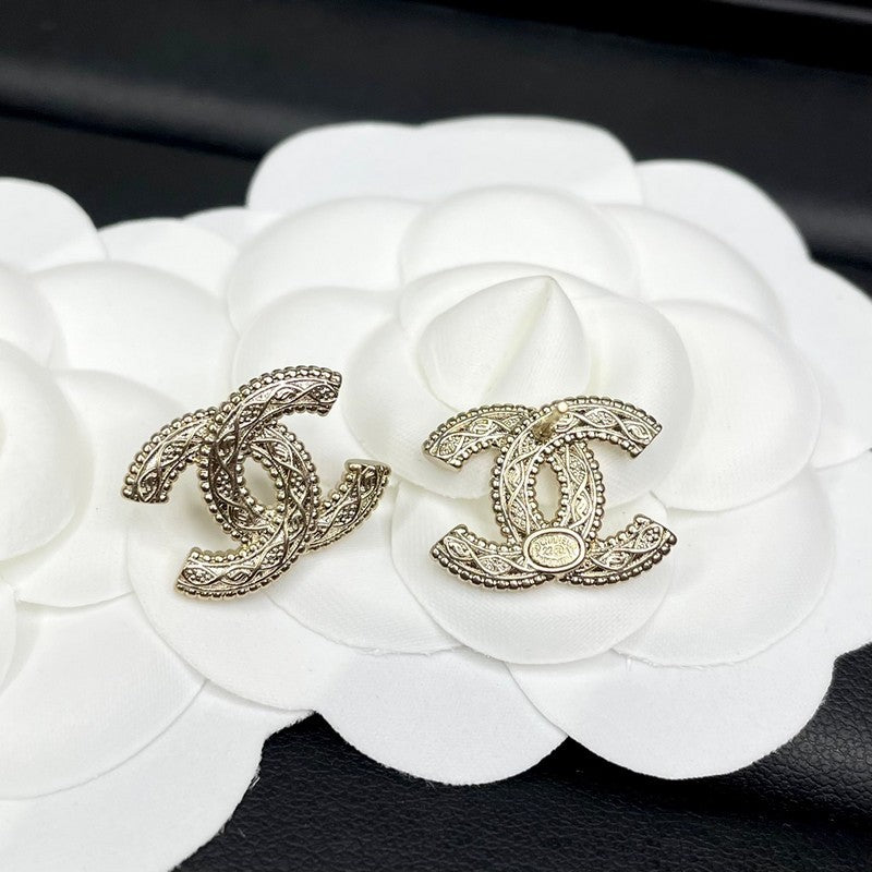 18K CC Relief Gold Earrings