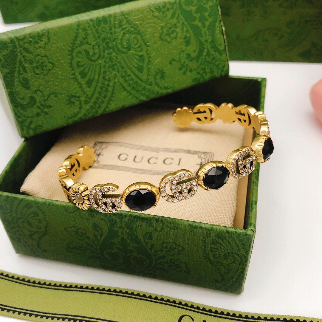 18K GG Flowers Black Crystals Open Cuff Bracelet