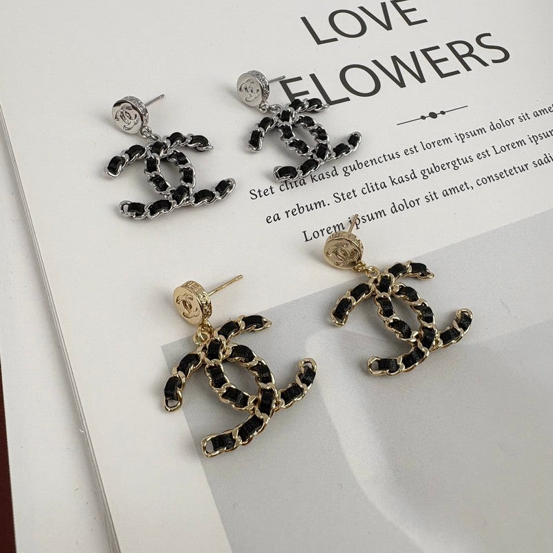 18K CC Leather Gold Earrings