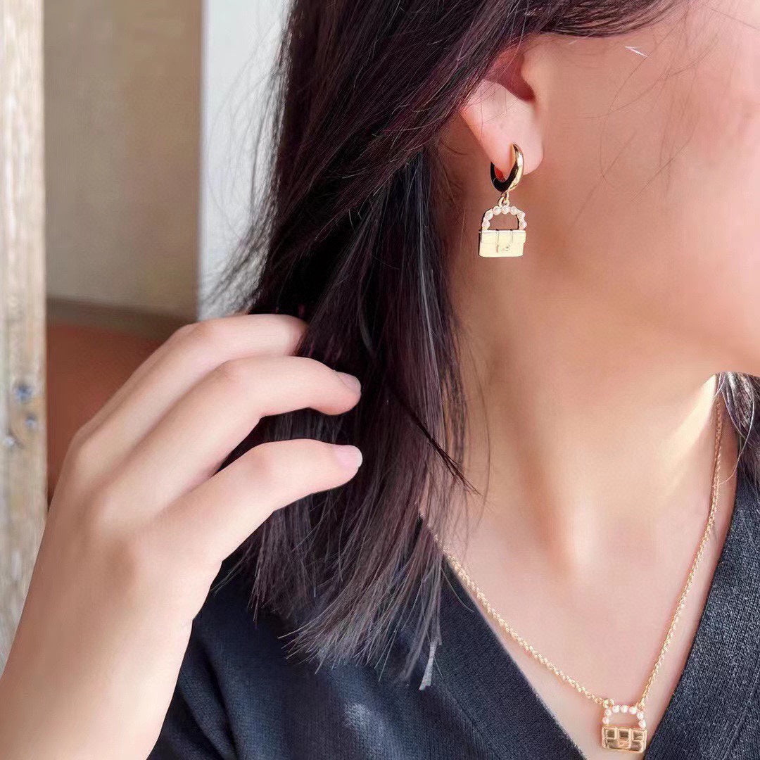 18K Fend Bag Pendant Pearls Earrings