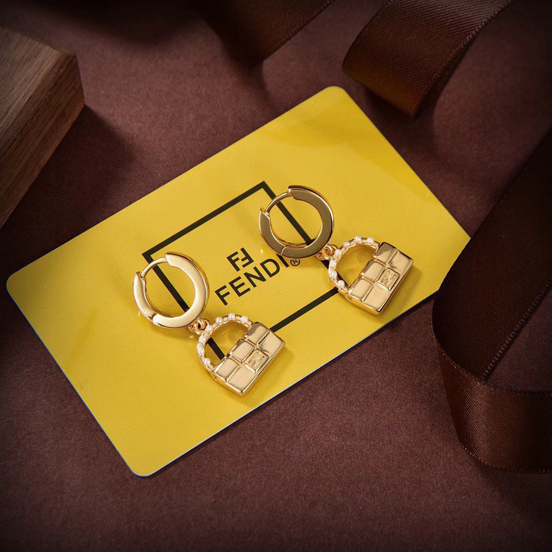 18K Fend Bag Pendant Pearls Earrings