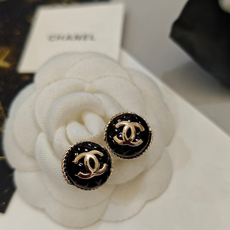 18K CC Black & Pink Round Earrings