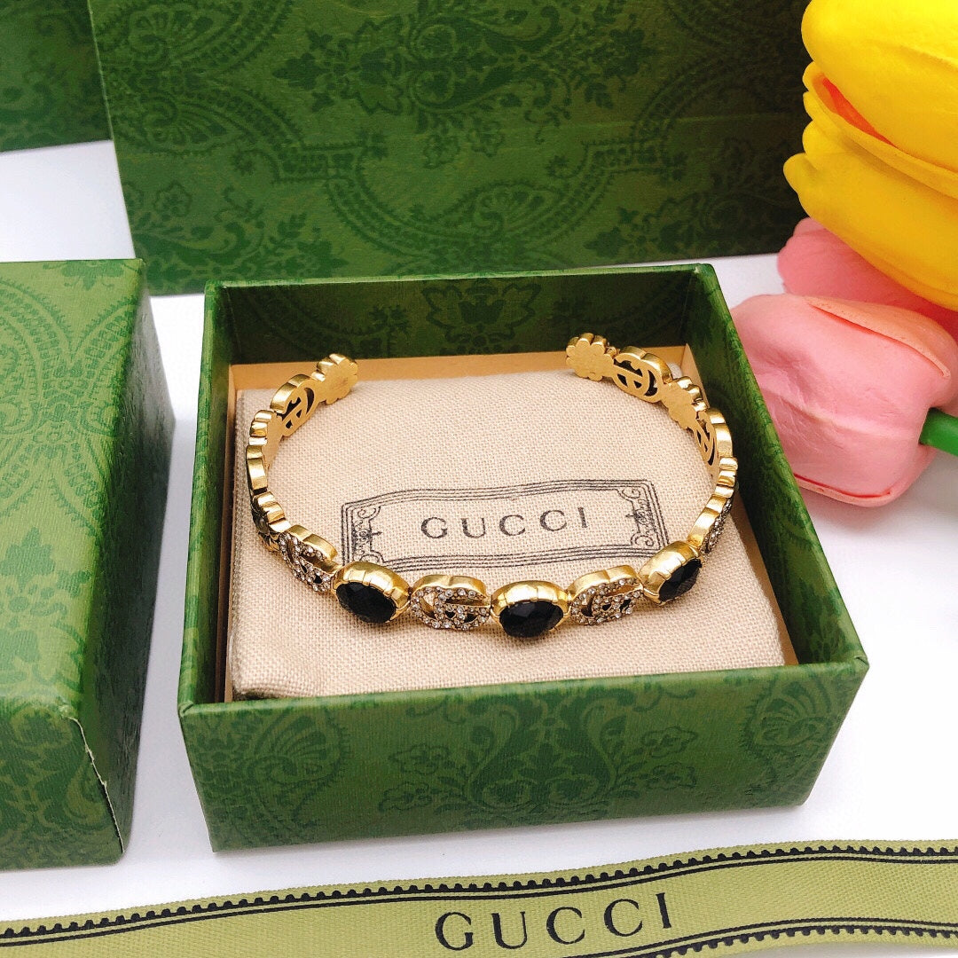 18K GG Flowers Black Crystals Open Cuff Bracelet
