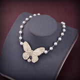 18K CD Butterfly Pearl Choker Necklace