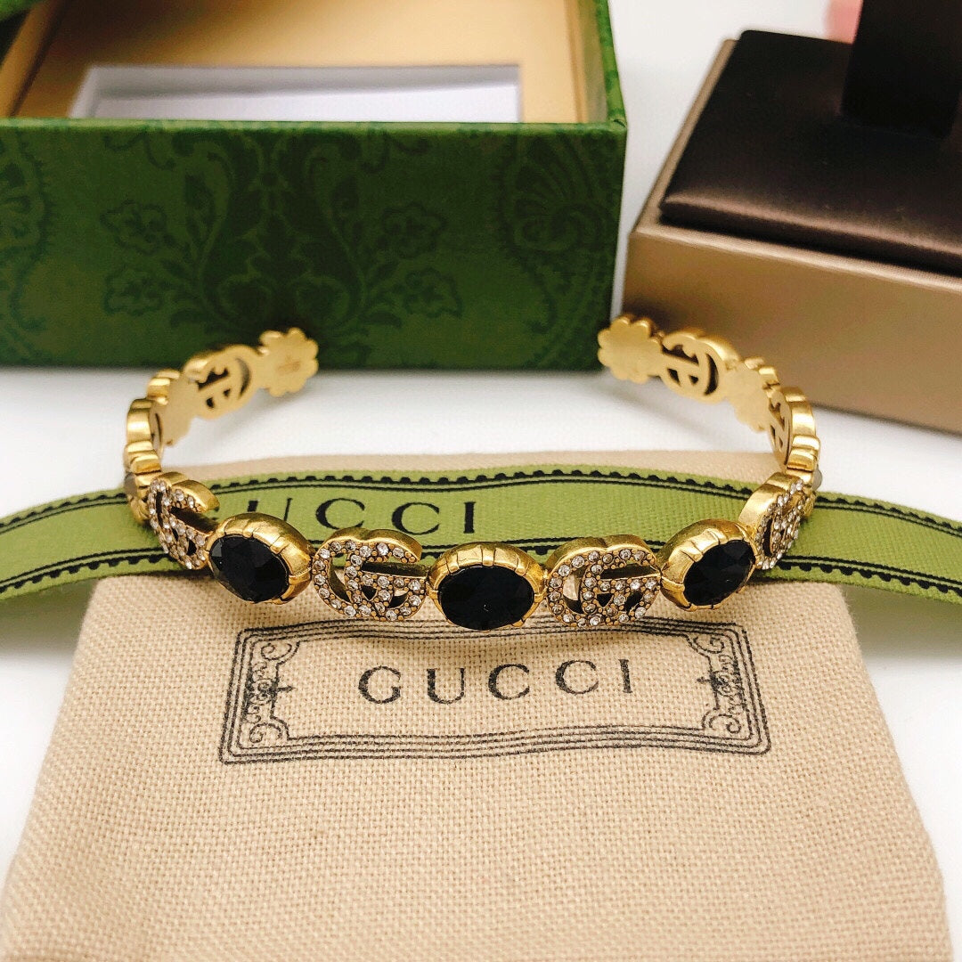 18K GG Flowers Black Crystals Open Cuff Bracelet