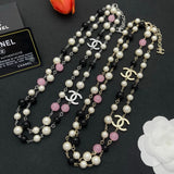 18K CC Black & Pink Bead Long Necklace