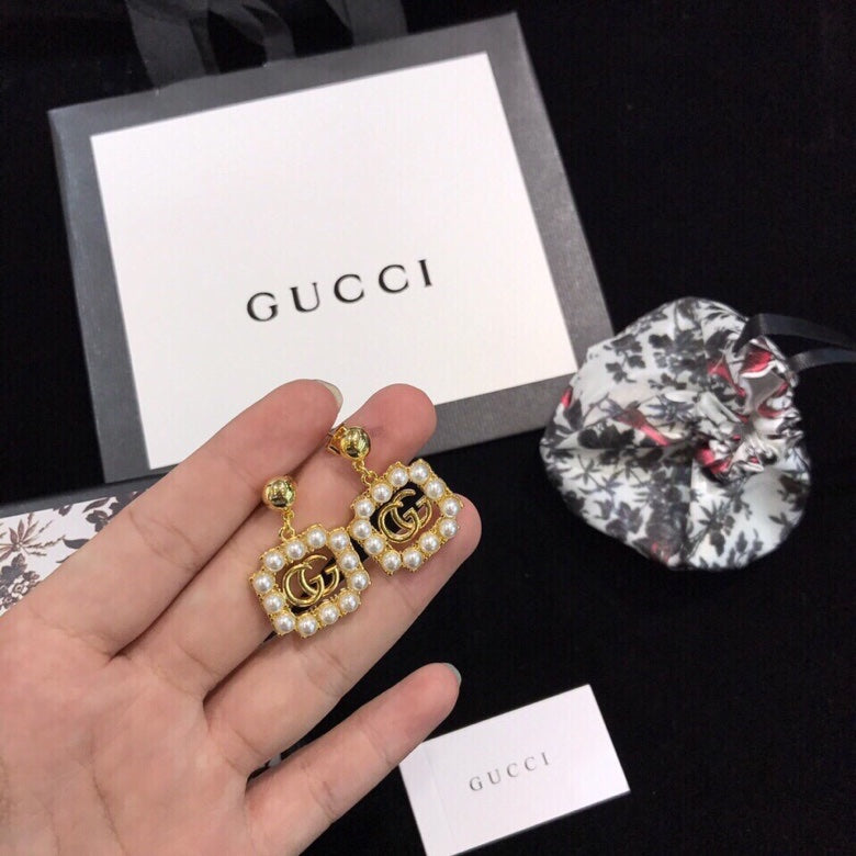 18K GG Square Pearl Earrings