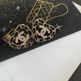 18K CC Black Leather Heart Gold Earrings