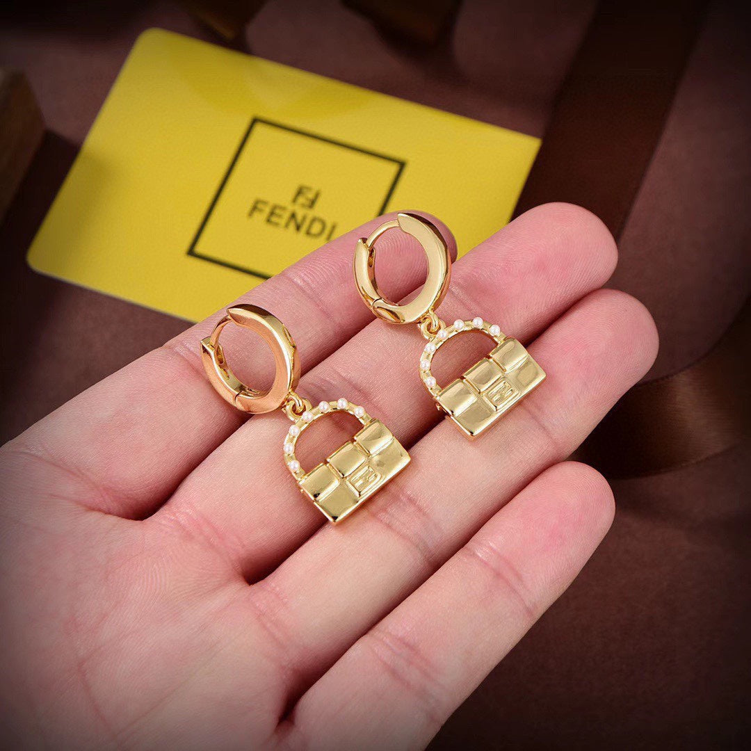 18K Fend Bag Pendant Pearls Earrings