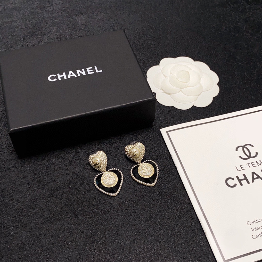18K CC Black Heart Earrings