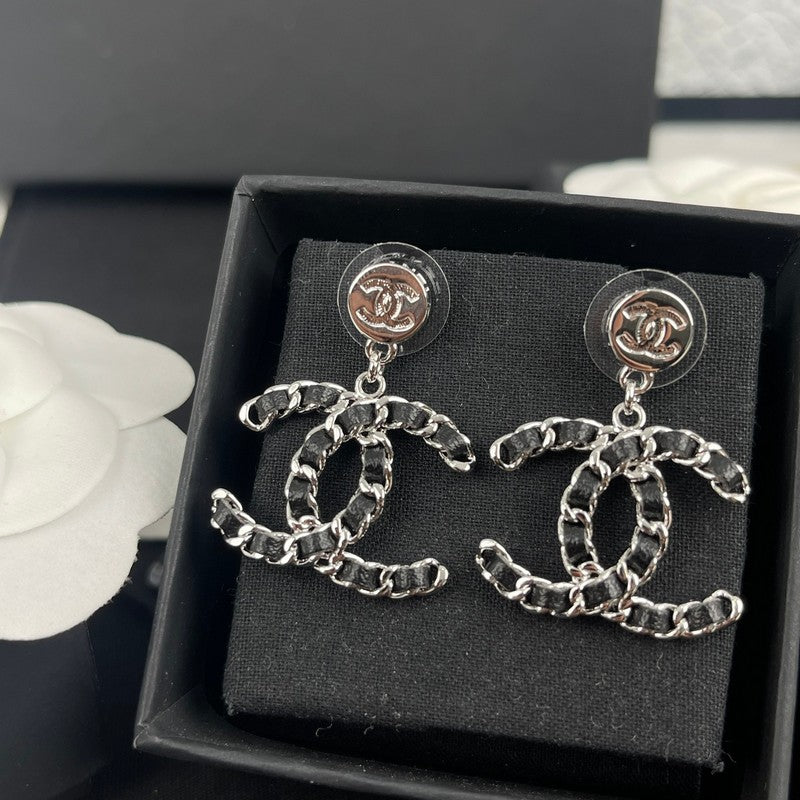 18K CC Leather Gold Earrings